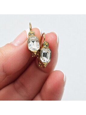 VTG Gold Tone Clear Rhinestone Drop Earrings Emerald Cut Crystal Dangle Retro